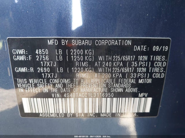 Продажа на аукционе авто 2020 Subaru Outback Premium, vin: 4S4BTACC1L3116950, номер лота: 46100130