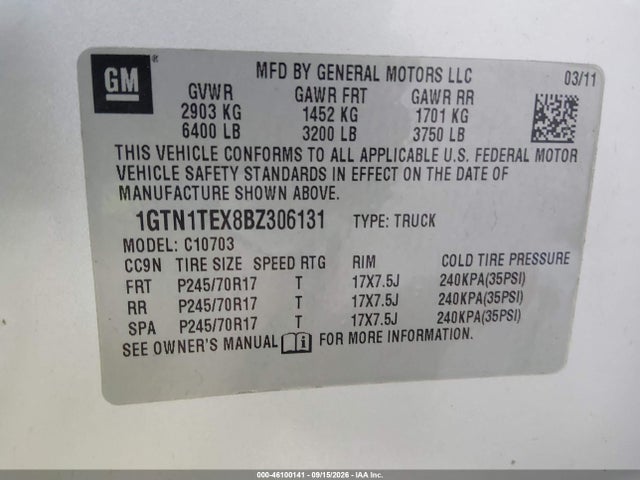 46100141 :رقم المزاد ، 1GTN1TEX8BZ306131 vin ، 2011 Gmc Sierra 1500 Work Truck مزاد بيع