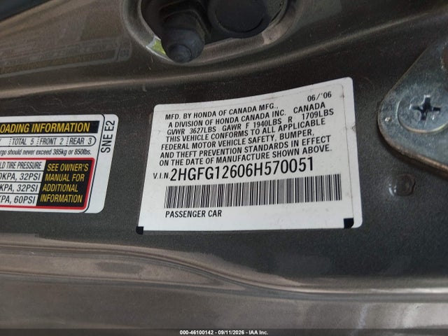 Продажа на аукционе авто 2006 Honda Civic Lx, vin: 2HGFG12606H570051, номер лота: 46100142