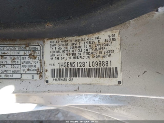 Auction sale of the 2001 Honda Civic Dx, vin: 1HGEM21281L098881, lot number: 46100148