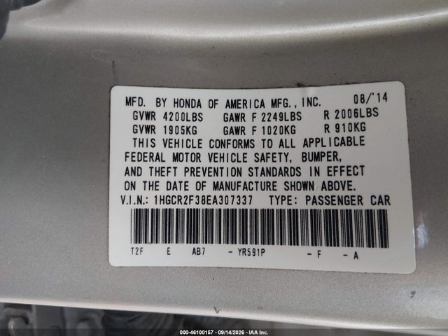 Продаж на аукціоні авто 2014 Honda Accord Lx, vin: 1HGCR2F38EA307337, номер лоту: 46100157