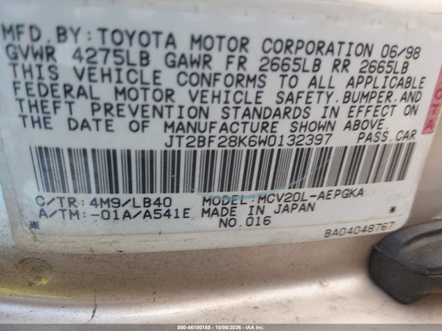 Aukcja sprzedaży 1998 Toyota Camry Xle V6, vin: JT2BF28K6W0132397, numer aukcji: 46100158