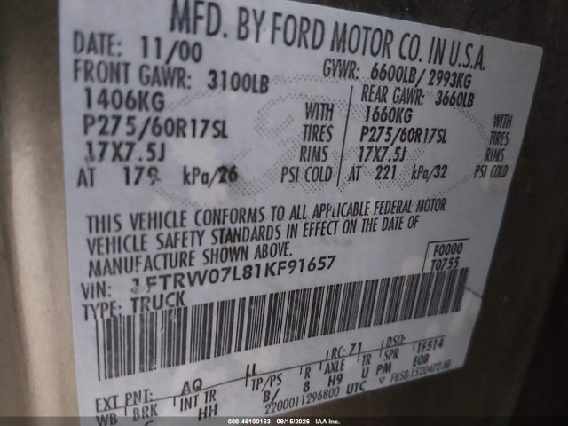 Продаж на аукціоні авто 2001 Ford F-150 Harley-davidson Edition/king Ranch Edition/lariat/xlt, vin: 1FTRW07L81KF91657, номер лоту: 46100163