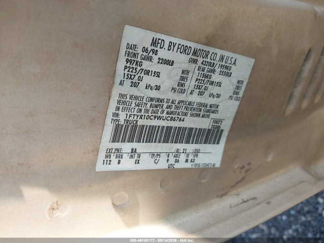 46100172 :رقم المزاد ، 1FTYR10C9WUC86764 vin ، 1998 Ford Ranger Splash/xl/xlt مزاد بيع