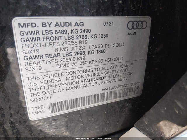 46100185 :رقم المزاد ، WA1BAAFY6M2133102 vin ، 2021 Audi Q5 Premium Plus 45 Tfsi Quattro S Tronic مزاد بيع