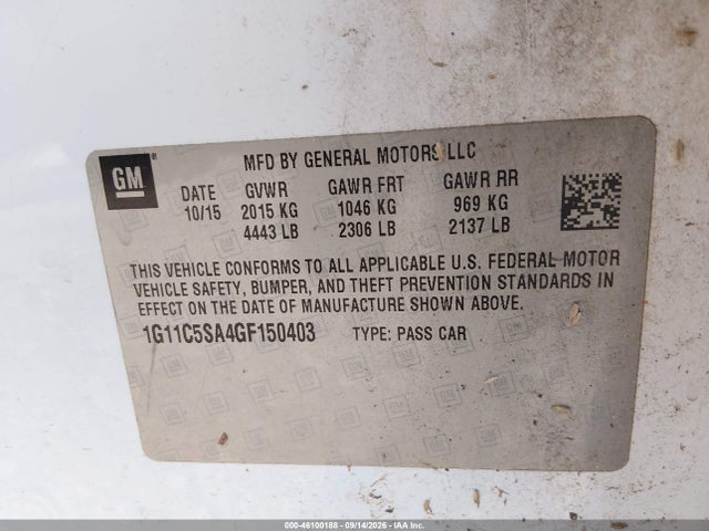 46100188 :رقم المزاد ، 1G11C5SA4GF150403 vin ، 2016 Chevrolet Malibu Limited Lt مزاد بيع