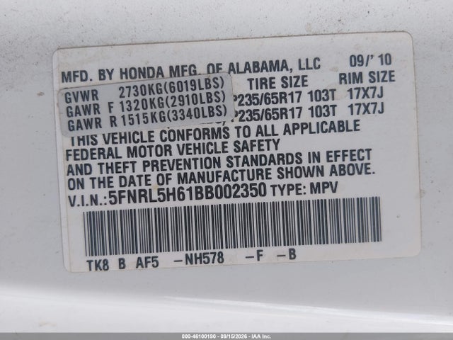 46100190 :رقم المزاد ، 5FNRL5H61BB002350 vin ، 2011 Honda Odyssey Ex-l مزاد بيع