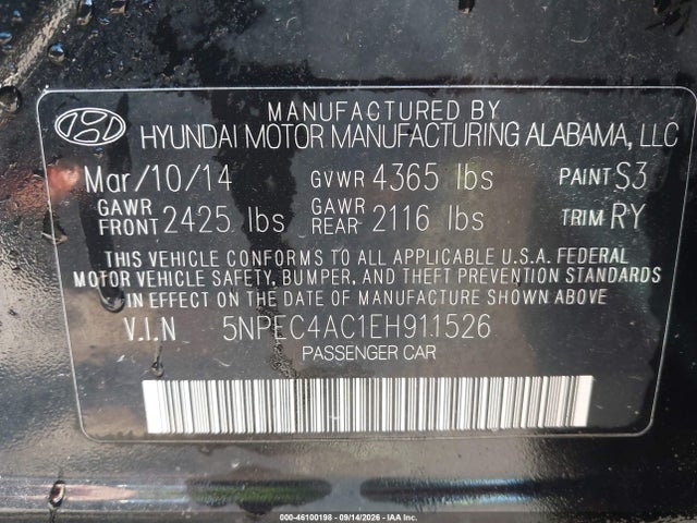 Продажа на аукционе авто 2014 Hyundai Sonata Se, vin: 5NPEC4AC1EH911526, номер лота: 46100198