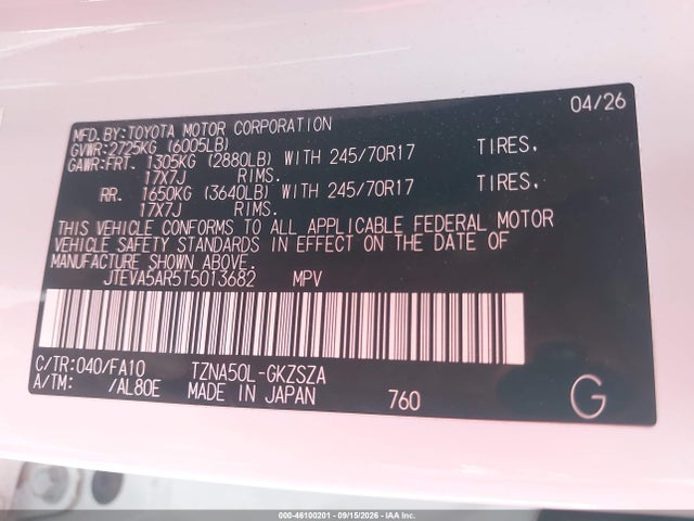 Aukcja sprzedaży 2026 Toyota 4runner Sr5, vin: JTEVA5AR5T5013682, numer aukcji: 46100201