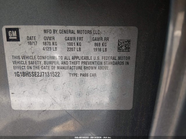 Продаж на аукціоні авто 2018 Chevrolet Cruze Lt Auto, vin: 1G1BH5SE2J7131522, номер лоту: 46100203
