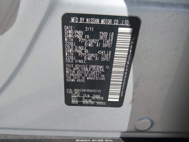 2011 Infiniti Qx56 მანქანა იყიდება აუქციონზე, vin: JN8AZ2NE4B9005103, აუქციონის ნომერი: 46100215