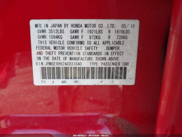 Продажа на аукционе авто 2010 Honda Fit Sport, vin: JHMGE8H62AC031840, номер лота: 46100217