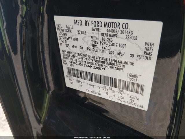 2010 Ford Escape Limited მანქანა იყიდება აუქციონზე, vin: 1FMCU0E74AKD38977, აუქციონის ნომერი: 46100230