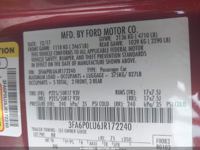 Продаж на аукціоні авто 2018 Ford Fusion Hybrid Se, vin: 3FA6P0LU6JR172240, номер лоту: 46100238