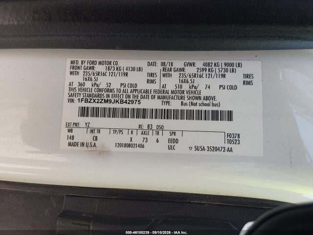 Продажа на аукционе авто 2018 Ford Transit-350 Xl, vin: 1FBZX2ZM9JKB42975, номер лота: 46100239