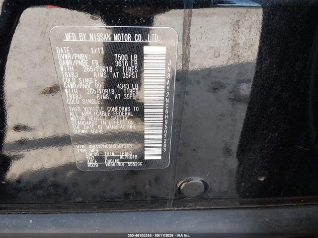 Aukcja sprzedaży 2017 Nissan Armada Sv, vin: JN8AY2NC6H9507203, numer aukcji: 46100245