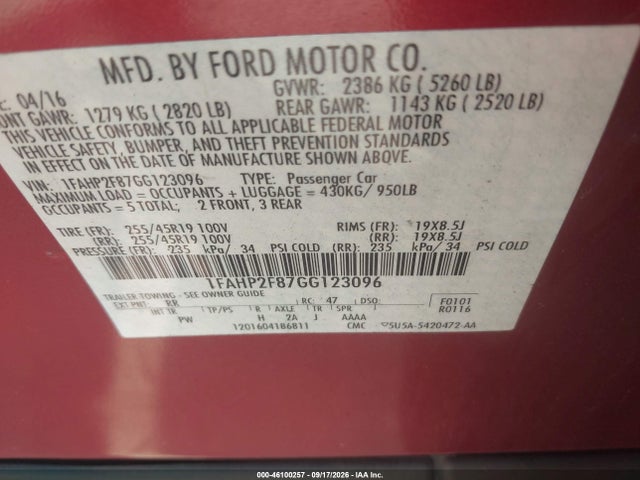 Продажа на аукционе авто 2016 Ford Taurus Limited, vin: 1FAHP2F87GG123096, номер лота: 46100257