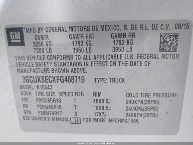 Aukcja sprzedaży 2015 Chevrolet Silverado 1500 2lz, vin: 3GCUKSECXFG468719, numer aukcji: 46100290
