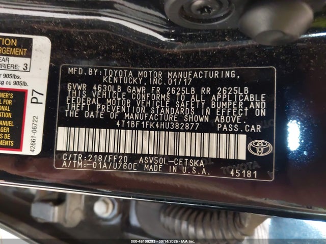 46100293 :رقم المزاد ، 4T1BF1FK4HU382877 vin ، 2017 Toyota Camry Se مزاد بيع