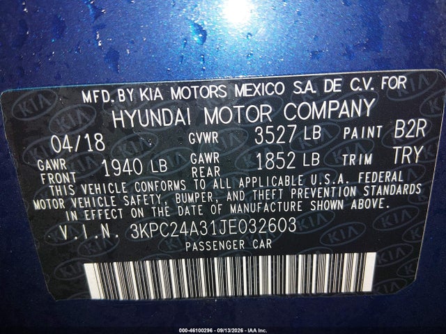 Aukcja sprzedaży 2018 Hyundai Accent Se, vin: 3KPC24A31JE032603, numer aukcji: 46100296