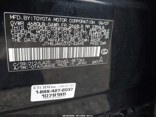 Auction sale of the 2007 Lexus Es 350, vin: JTHBJ46G372142695, lot number: 46100309