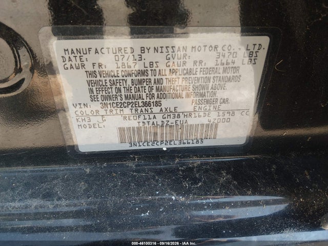 46100316 :رقم المزاد ، 3N1CE2CP2EL366185 vin ، 2014 Nissan Versa Note Sv مزاد بيع