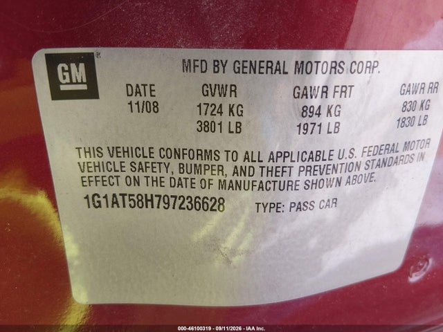 Продажа на аукционе авто 2009 Chevrolet Cobalt Lt, vin: 1G1AT58H797236628, номер лота: 46100319