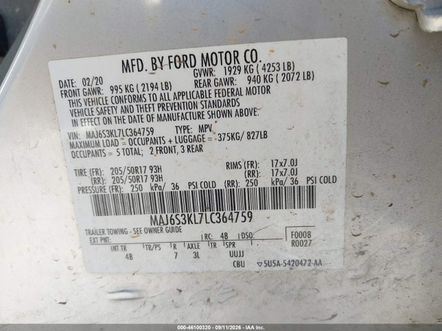 Продаж на аукціоні авто 2020 Ford Ecosport Titanium, vin: MAJ6S3KL7LC364759, номер лоту: 46100320