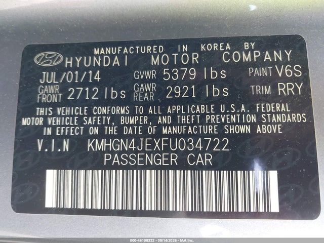 Aukcja sprzedaży 2015 Hyundai Genesis 3.8, vin: KMHGN4JEXFU034722, numer aukcji: 46100332