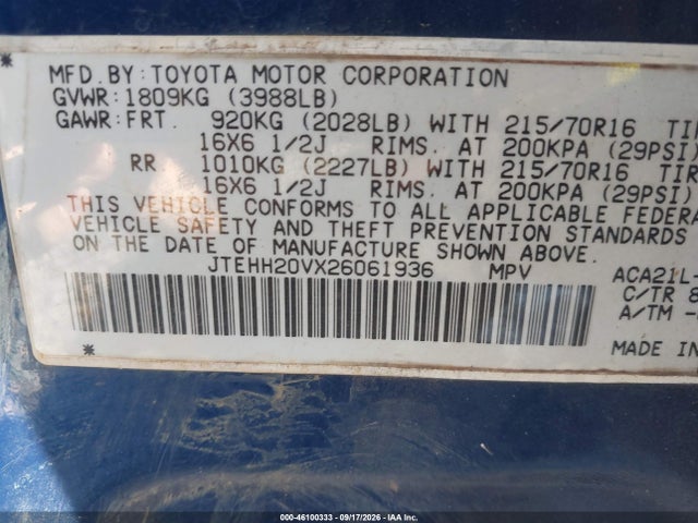 Auction sale of the 2002 Toyota Rav4, vin: JTEHH20VX26061936, lot number: 46100333