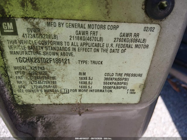 46100337 :رقم المزاد ، 1GCHK23102F186121 vin ، 2002 Chevrolet Silverado 2500hd Lt مزاد بيع