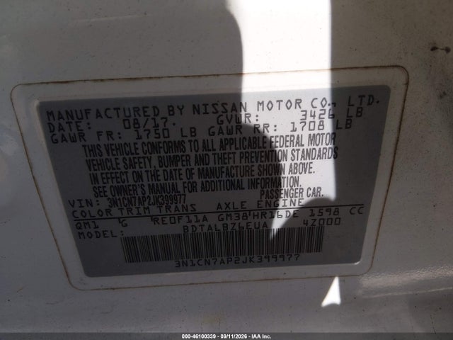 Aukcja sprzedaży 2018 Nissan Versa 1.6 Sv, vin: 3N1CN7AP2JK399977, numer aukcji: 46100339