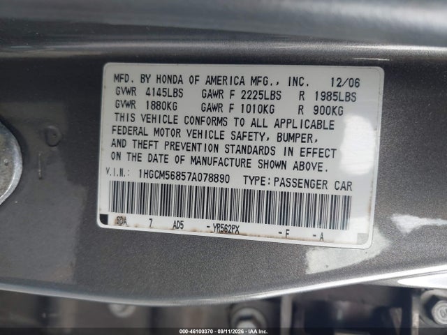 Aukcja sprzedaży 2007 Honda Accord 2.4 Ex, vin: 1HGCM56857A078890, numer aukcji: 46100370