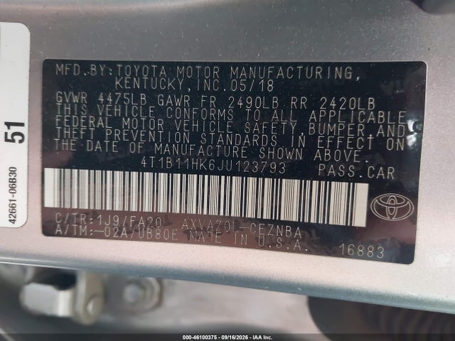 4T1B11HK6JU123793 Toyota CAMRY LE