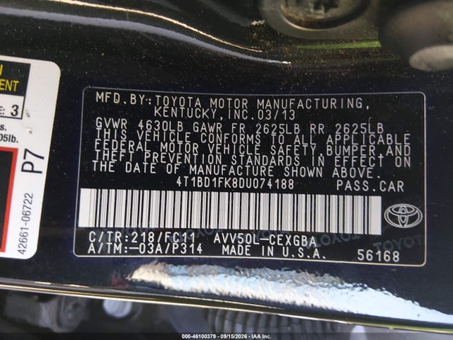 Aukcja sprzedaży 2013 Toyota Camry Hybrid Xle, vin: 4T1BD1FK8DU074188, numer aukcji: 46100379