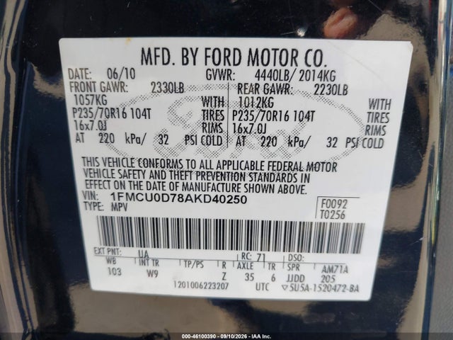 Продажа на аукционе авто 2010 Ford Escape Xlt, vin: 1FMCU0D78AKD40250, номер лота: 46100390