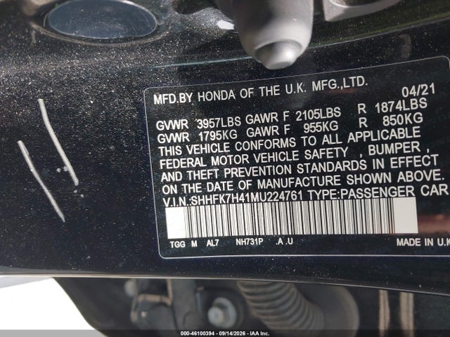 Продажа на аукционе авто 2021 Honda Civic Sport, vin: SHHFK7H41MU224761, номер лота: 46100394