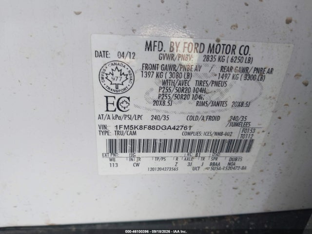 46100396 :رقم المزاد ، 1FM5K8F88DGA42761 vin ، 2013 Ford Explorer Limited مزاد بيع