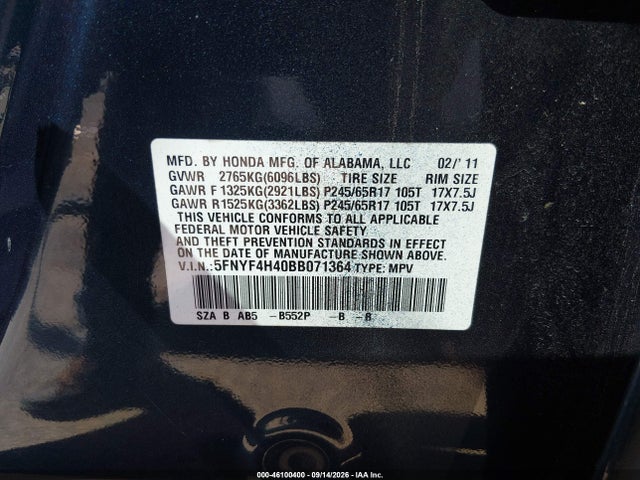 Aukcja sprzedaży 2011 Honda Pilot Ex, vin: 5FNYF4H40BB071364, numer aukcji: 46100400