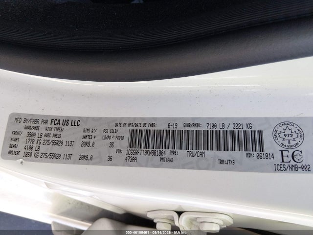 Aukcja sprzedaży 2019 Ram 1500 Sport, vin: 1C6SRFTT9KN881804, numer aukcji: 46100401