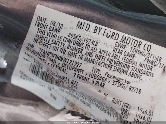Продажа на аукционе авто 2011 Ford Focus Se, vin: 1FAHP3FN0BW121927, номер лота: 46100403