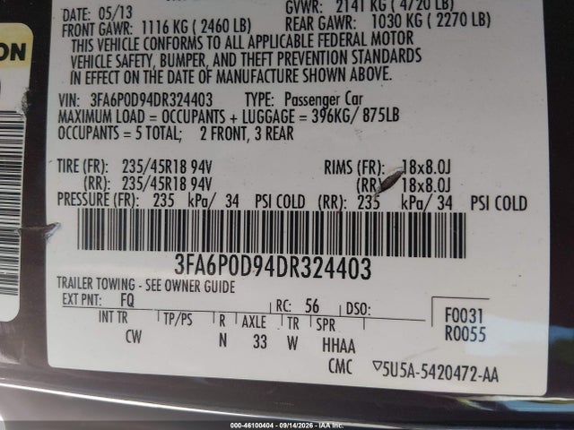 2013 Ford Fusion Titanium მანქანა იყიდება აუქციონზე, vin: 3FA6P0D94DR324403, აუქციონის ნომერი: 46100404