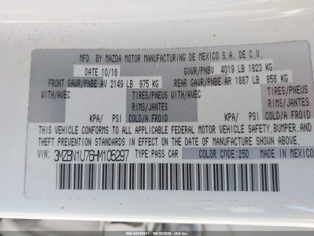 46100411 :رقم المزاد ، 3MZBN1U76HM105297 vin ، 2017 Mazda Mazda3 Sport مزاد بيع