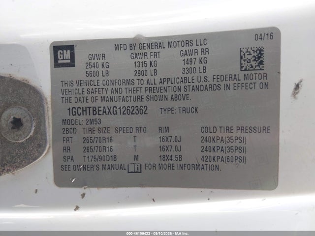 2016 Chevrolet Colorado Wt მანქანა იყიდება აუქციონზე, vin: 1GCHTBEAXG1262362, აუქციონის ნომერი: 46100423