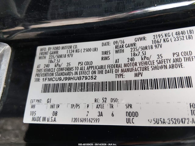 2017 Ford Escape Titanium მანქანა იყიდება აუქციონზე, vin: 1FMCU9J99HUB79352, აუქციონის ნომერი: 46100426