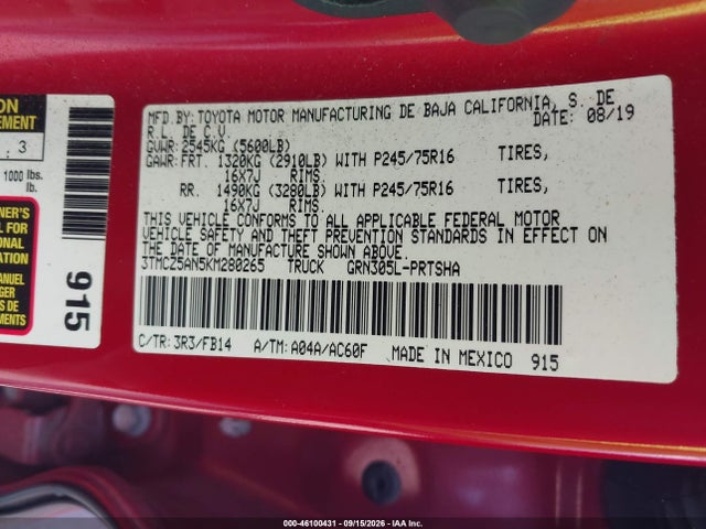 46100431 :رقم المزاد ، 3TMCZ5AN5KM280265 vin ، 2019 Toyota Tacoma Sr V6 مزاد بيع