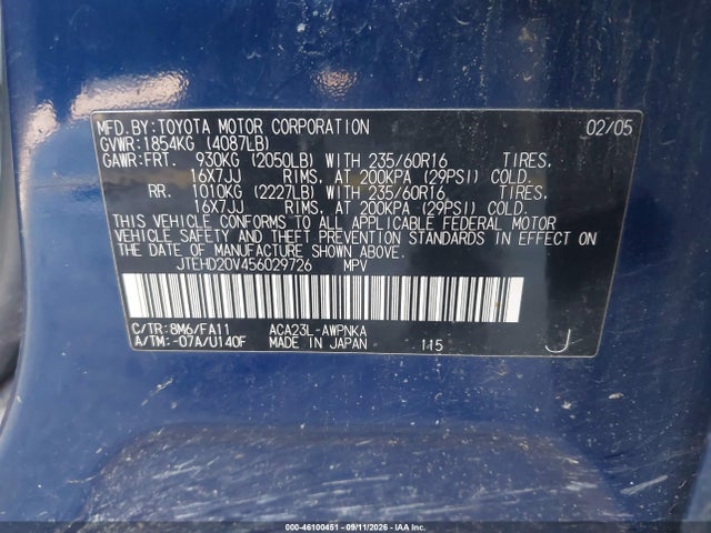 46100451 :رقم المزاد ، JTEHD20V456029726 vin ، 2005 Toyota Rav4 مزاد بيع