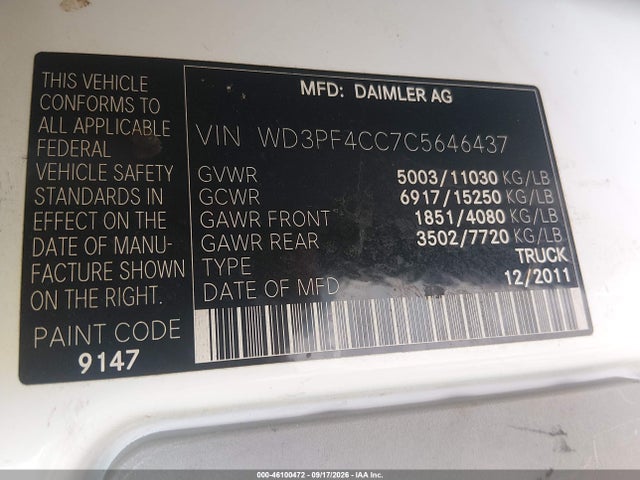 Продажа на аукционе авто 2012 Mercedes-benz Sprinter 3500 High  Roof, vin: WD3PF4CC7C5646437, номер лота: 46100472
