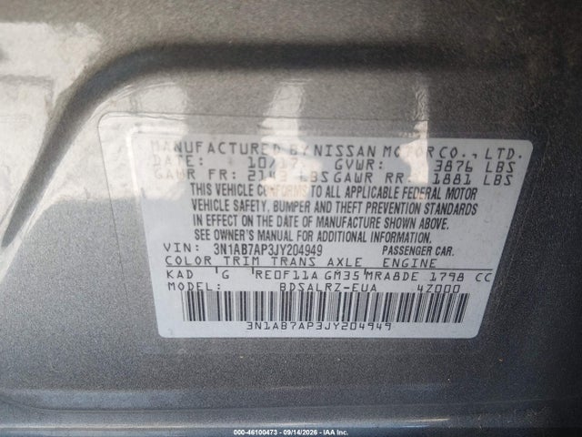 46100473 :رقم المزاد ، 3N1AB7AP3JY204949 vin ، 2018 Nissan Sentra Sr مزاد بيع