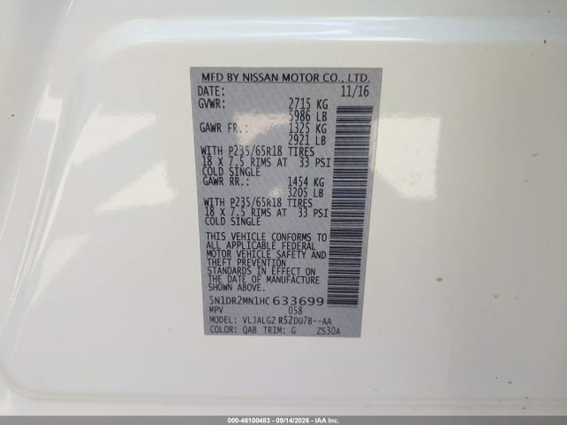 Продажа на аукционе авто 2017 Nissan Pathfinder Sl, vin: 5N1DR2MN1HC633699, номер лота: 46100483
